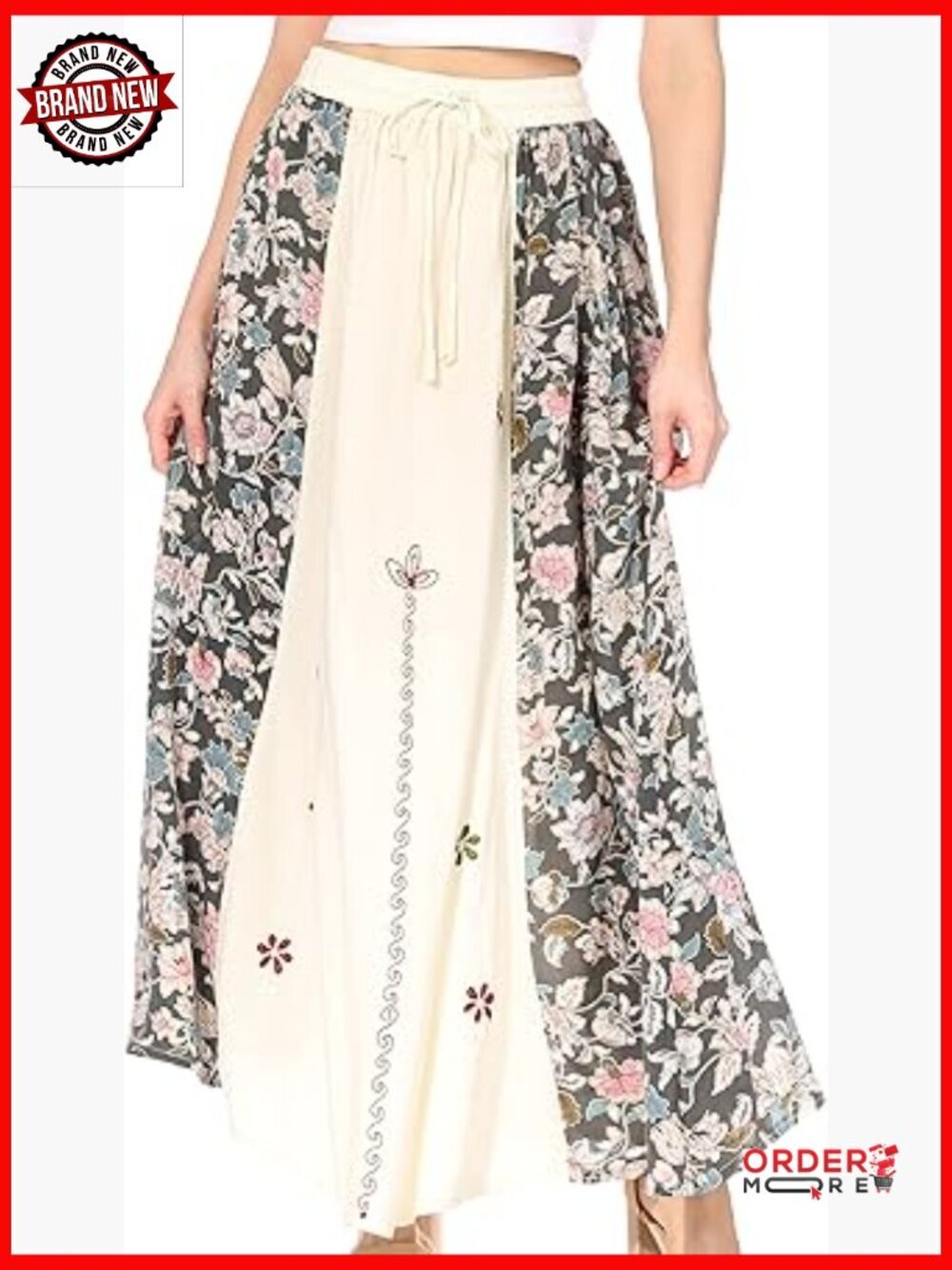 Boho Embroidery Maxi Skirt with Lace Elastic Waist & Pockets
